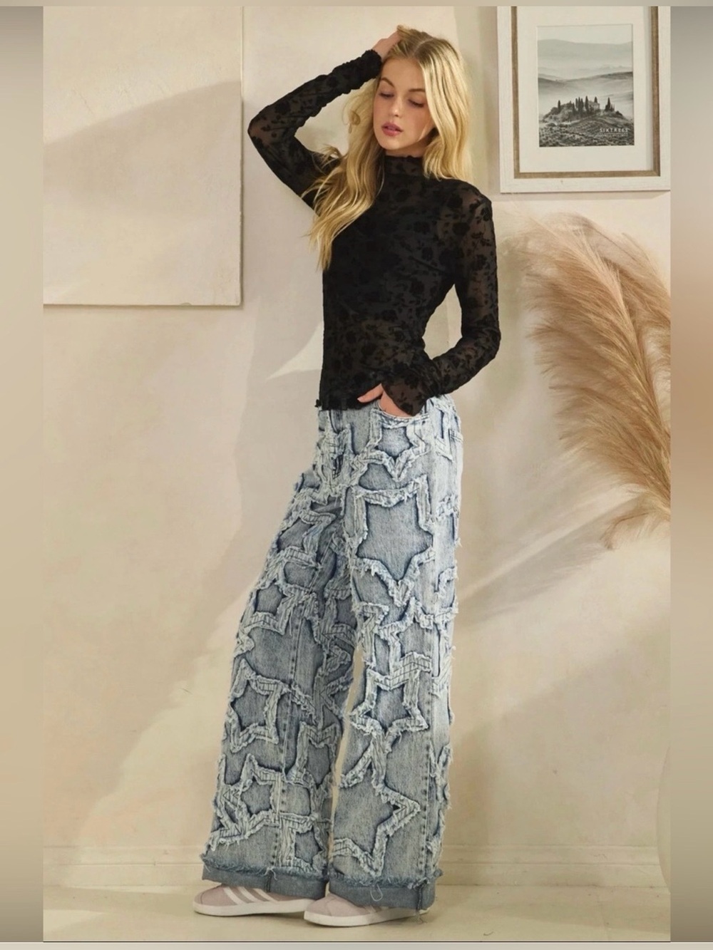 Oli & Hali “Star Party” Wide-Leg Star Applique Jeans Size Large